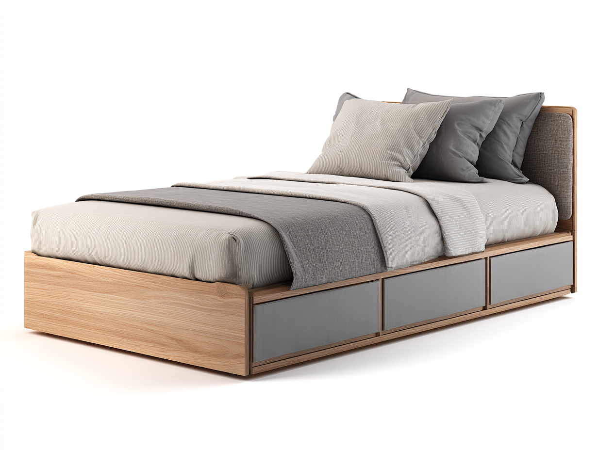 Single Beds - Wood-Fabric - 201x102x98 cm - Light Grey-Oak - Contemporary Design-Dengetbay