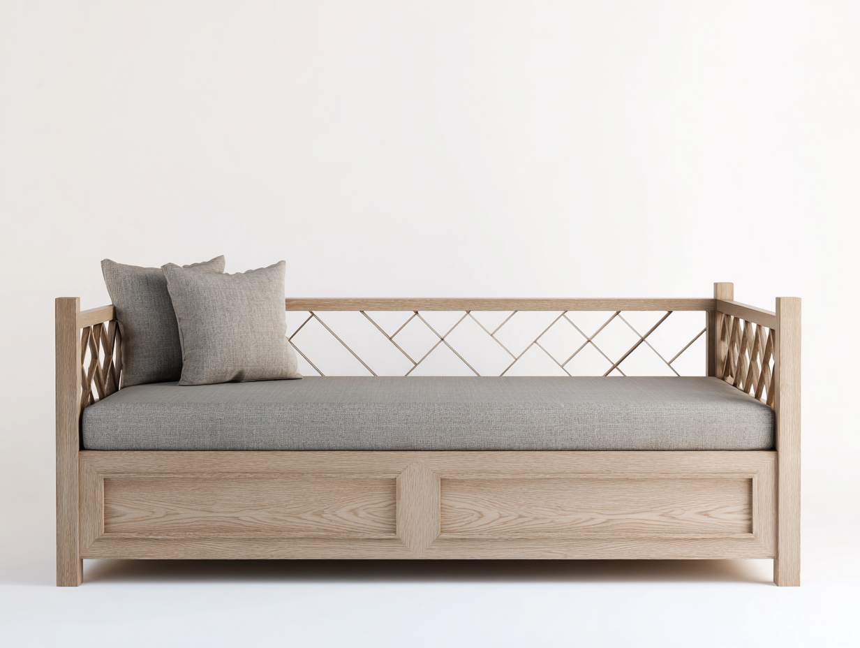 Sofa Bed-Wood-Fabric-198x92x82 cm-Natural-Grey-Modern Minimalist Daybed-Dengetbay