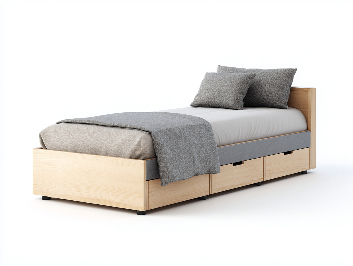 Single Beds - Wood-Fabric - 203x100x94 cm - Grey-Natural Wood - Contemporary Style-Dengetbay