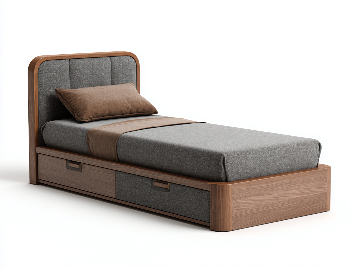 Single Beds - Wood-Fabric - 199x99x100 cm - Grey-Walnut - Modern Design-Dengetbay