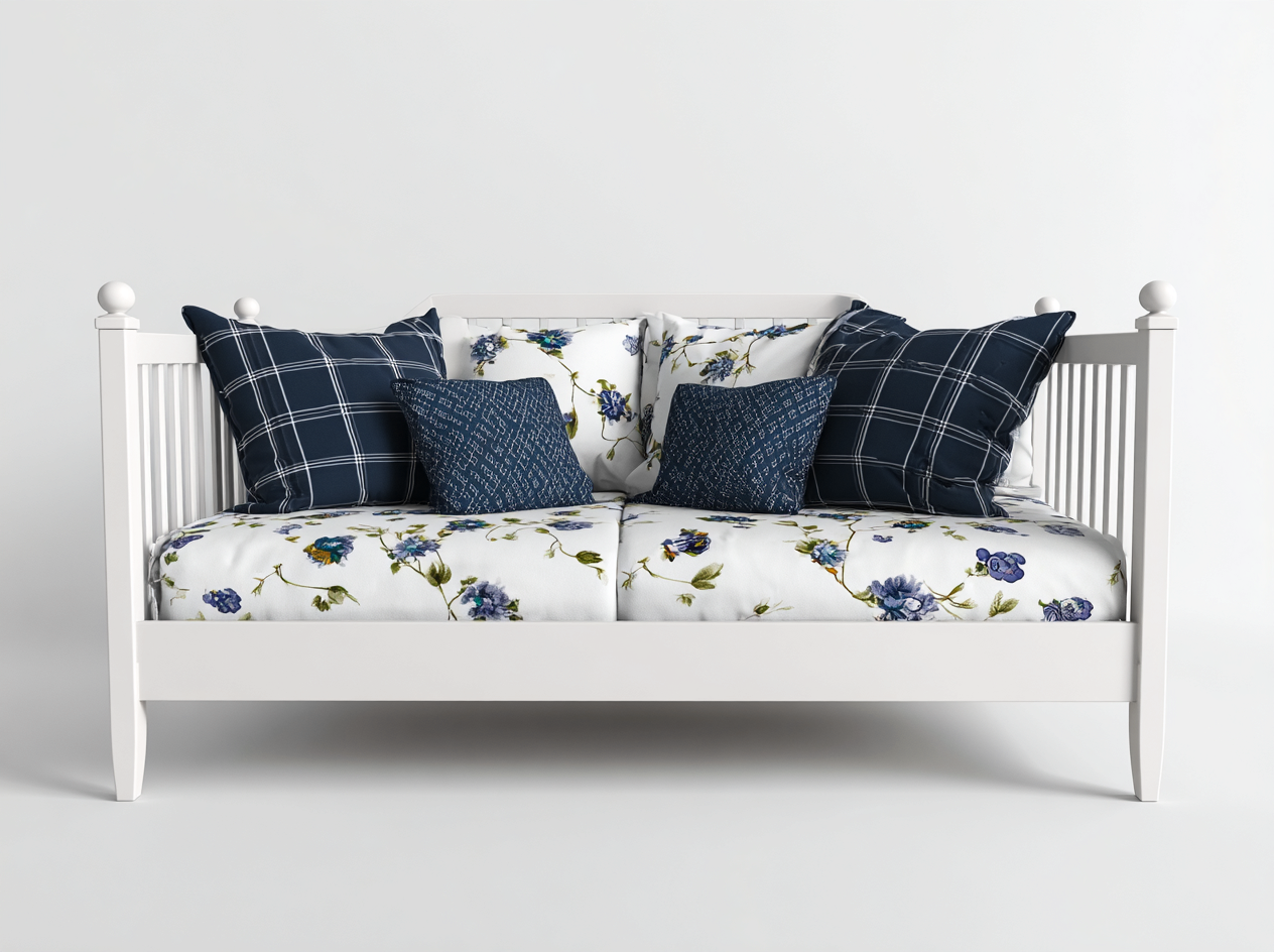 Sofa Bed-Wood-Fabric-202x90x88 cm-White-Blue-Classic Daybed-Dengetbay