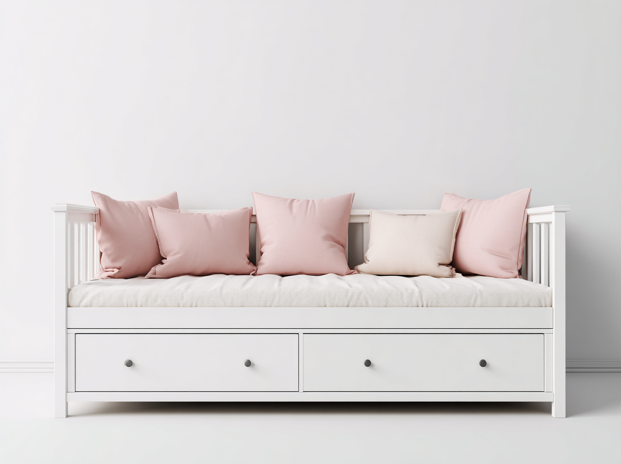 Sofa Bed-Wood-Fabric-203x94x86 cm-White-Pink-Modern Storage Daybed-Dengetbay