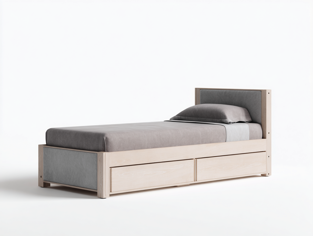 Single Beds - Wood-Fabric - 202x101x96 cm - Grey-Light Wood - Modern Style-Dengetbay