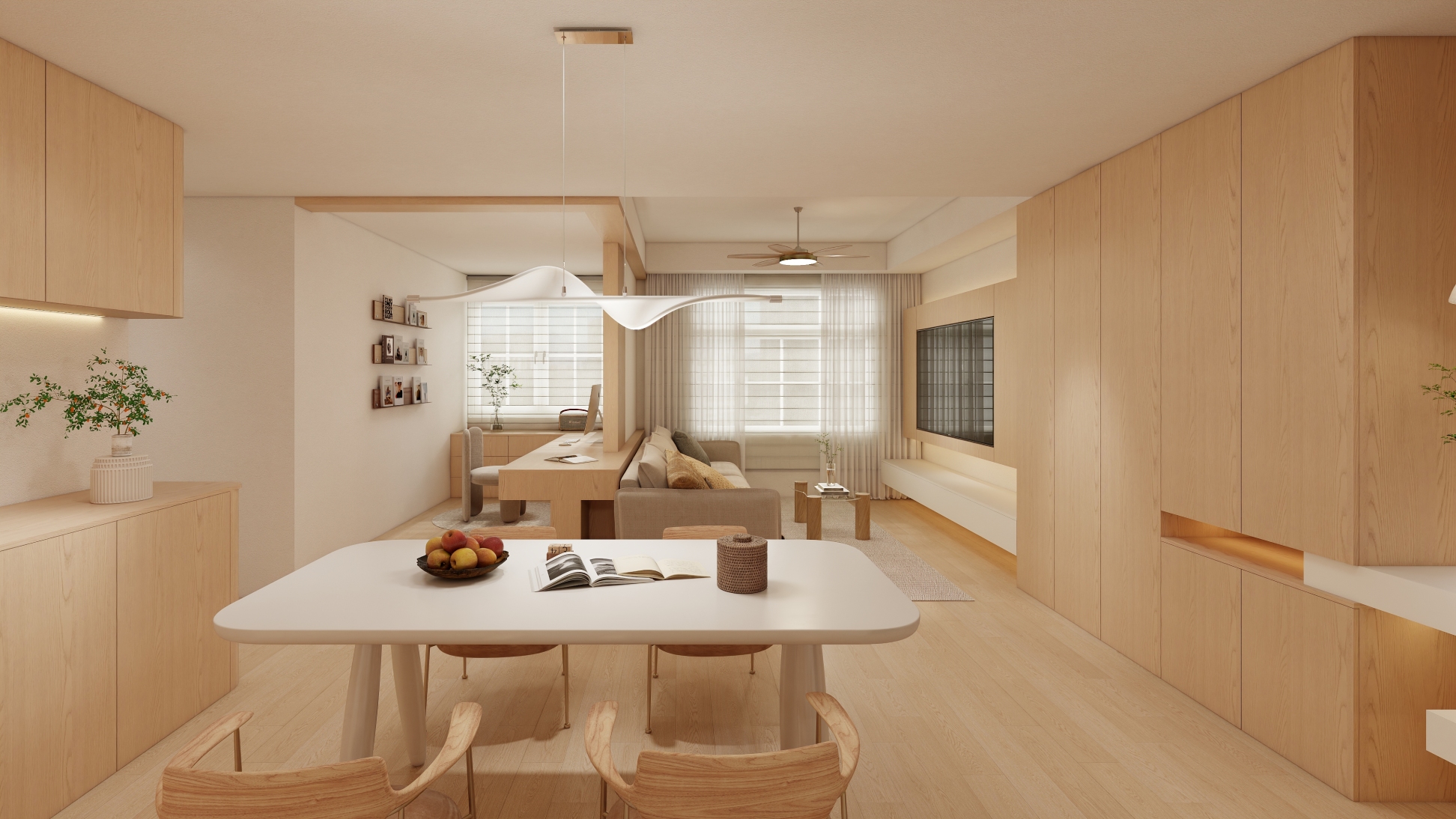 Minimalist MUJI-style living and dining room with bespoke light wood carpentry