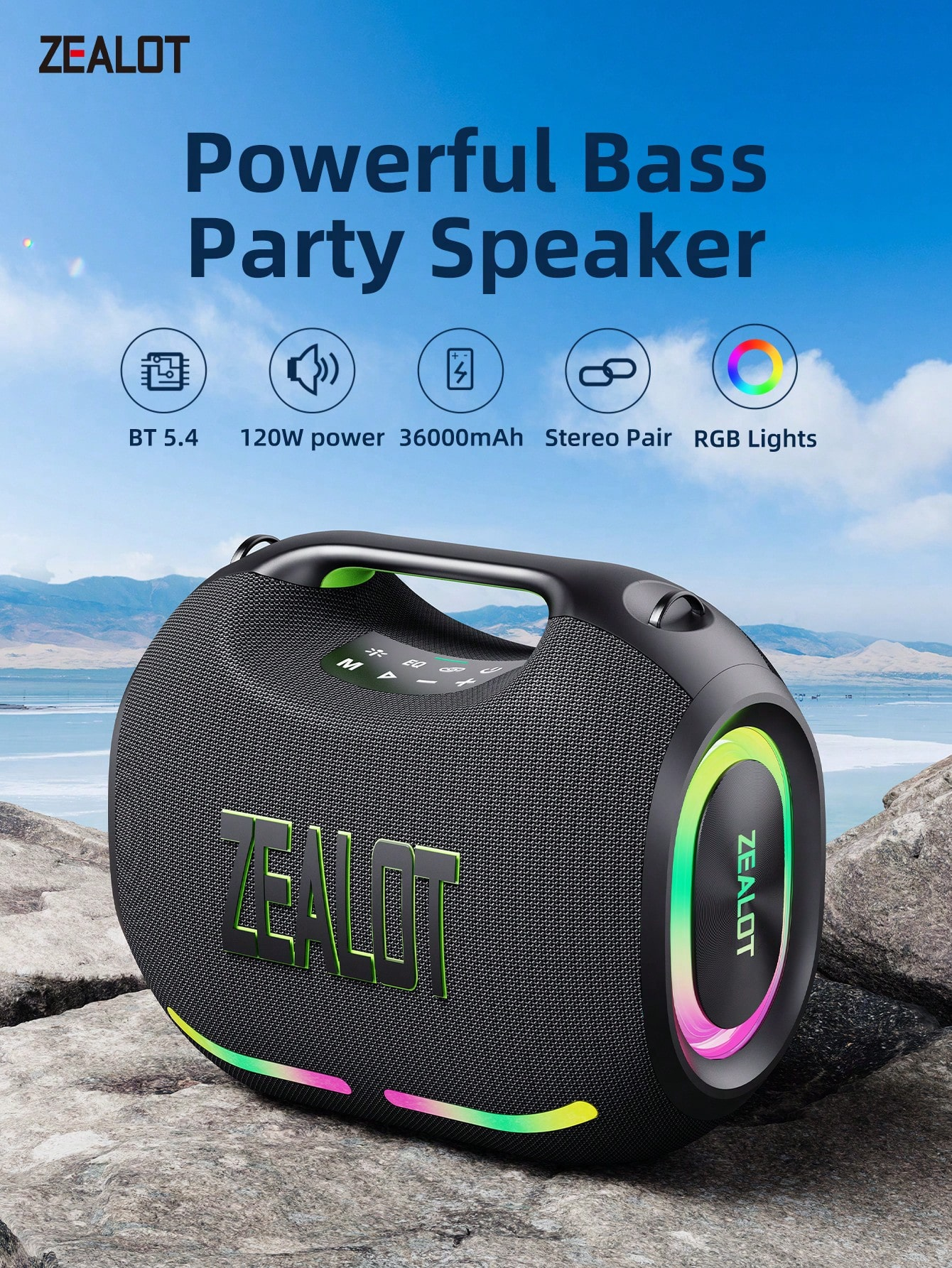Portable wireless speaker with 4 subwoofers, powerful bass, and 3D surround sound
