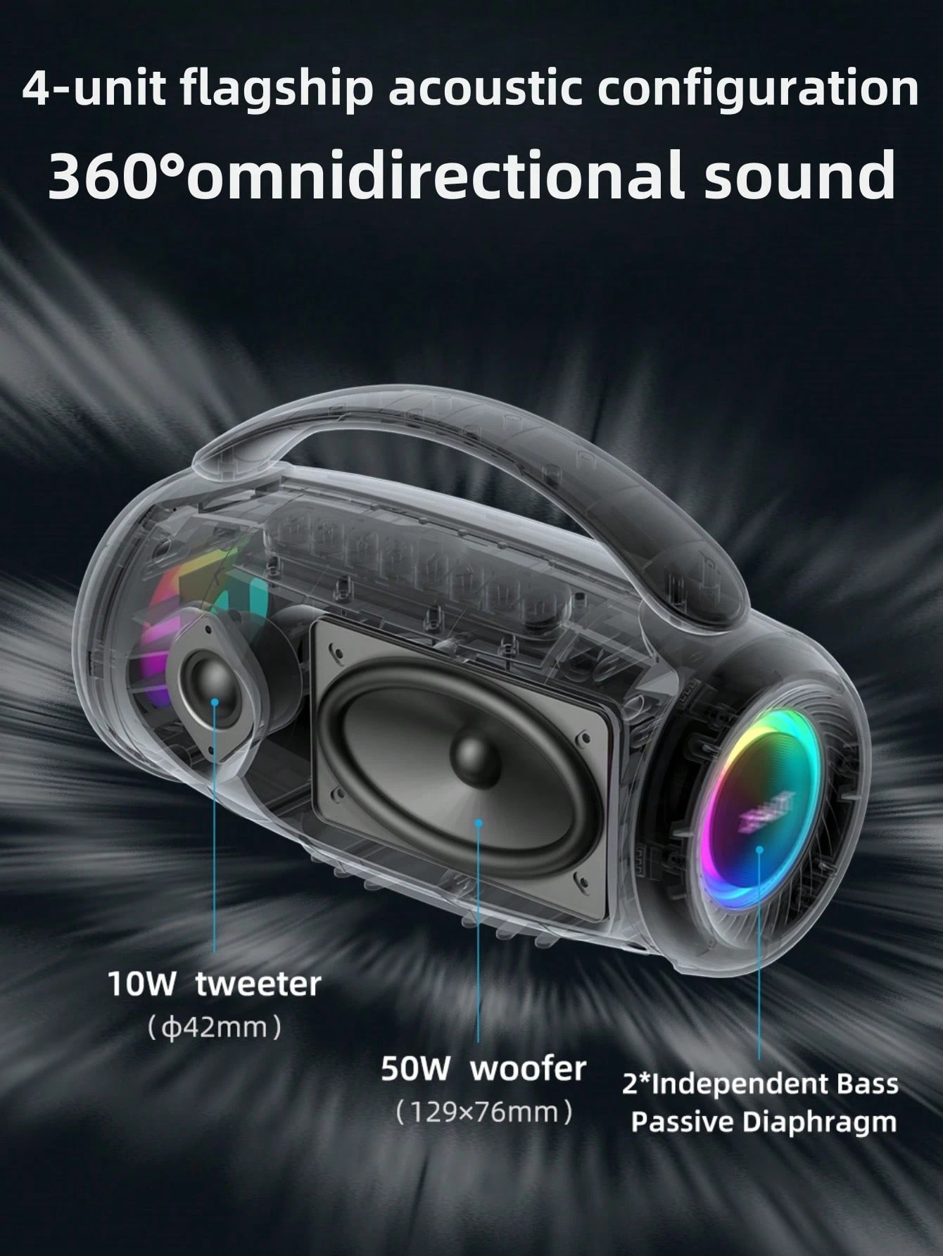 Portable wireless speaker with deep bass and 3D surround sound