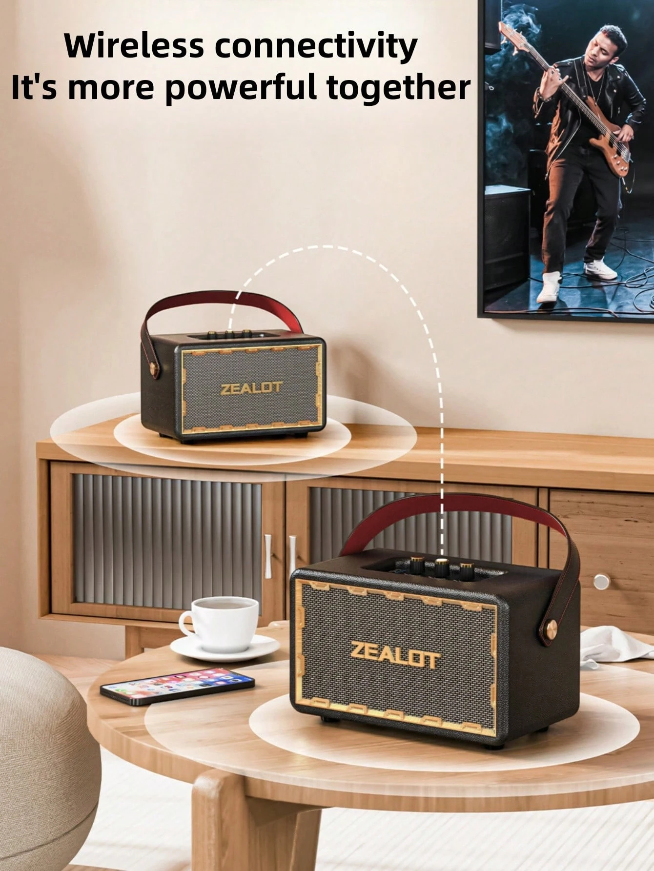 Portable wireless speaker with 4 subwoofers, powerful bass, and 3D surround sound