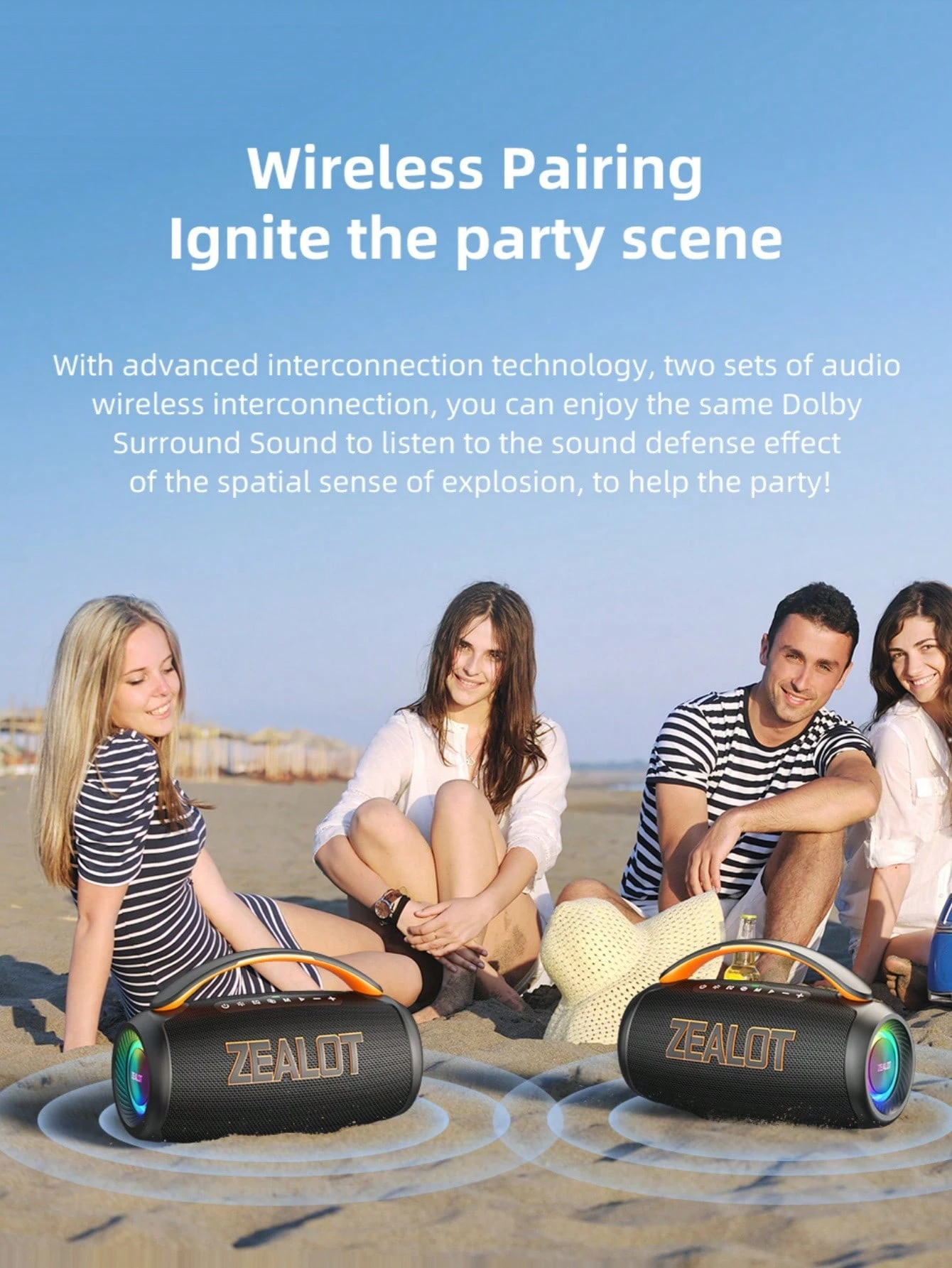 Portable wireless speaker with deep bass and 3D surround sound