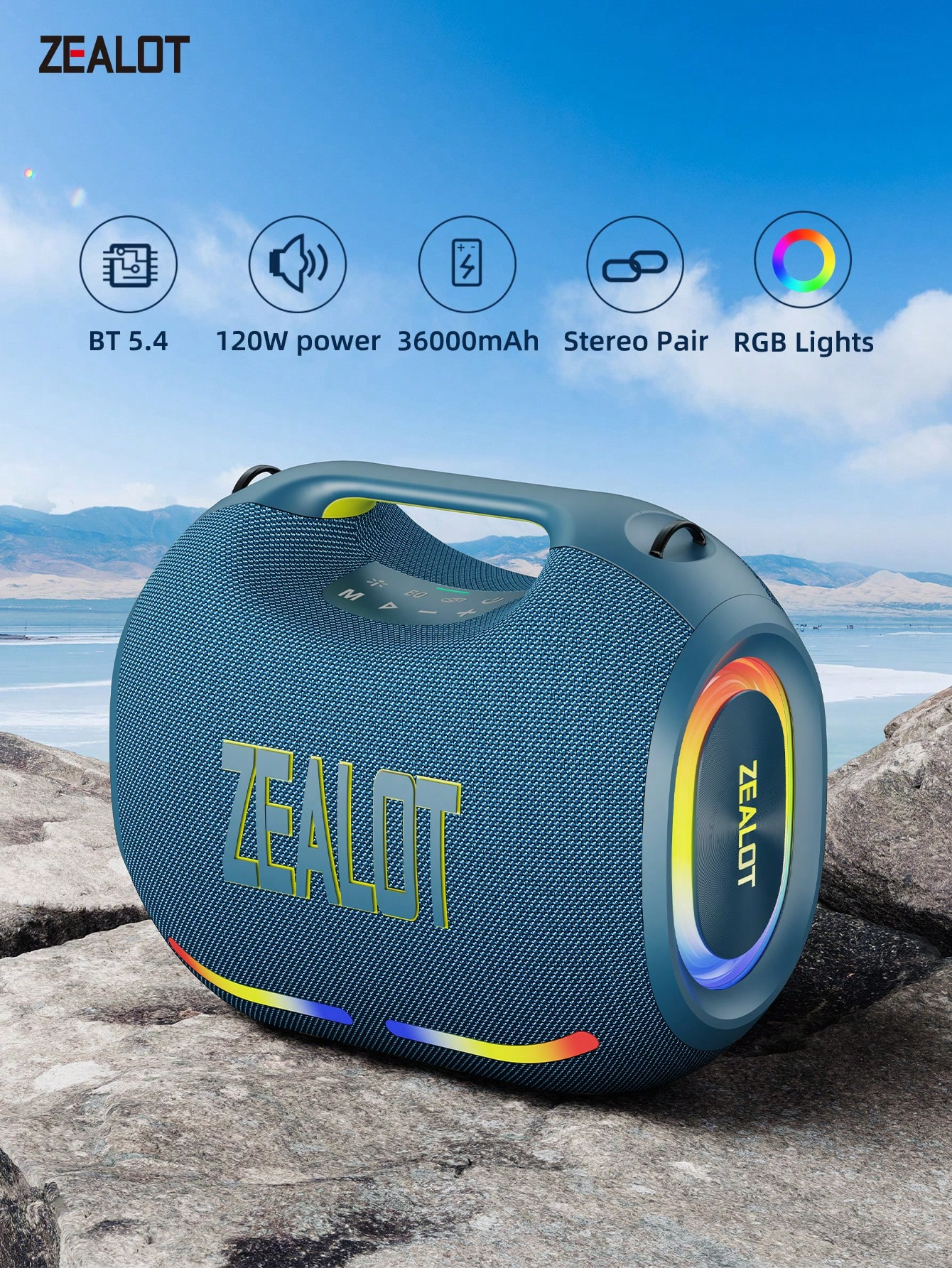 Portable wireless speaker with 4 subwoofers, powerful bass, and 3D surround sound