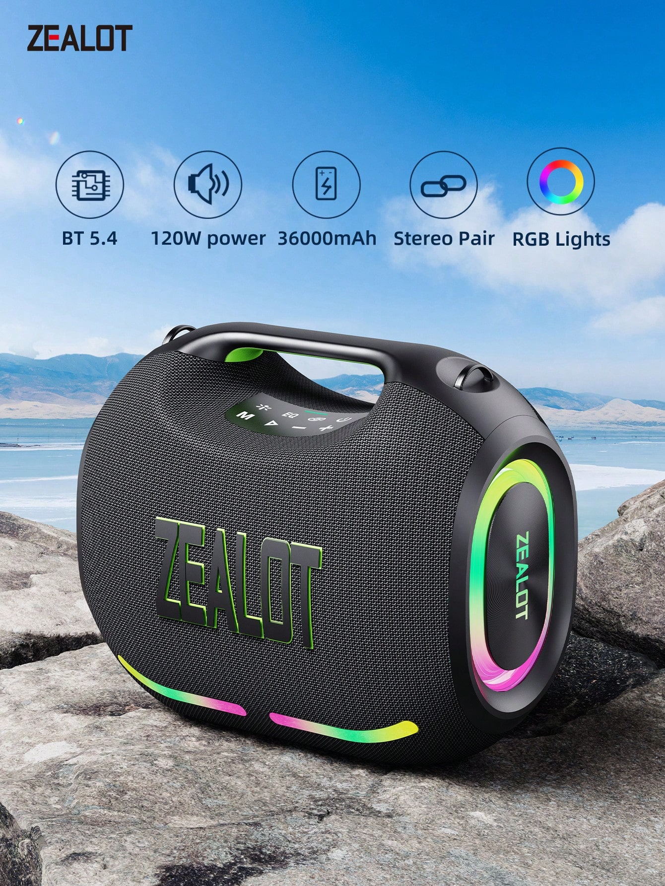 Portable wireless speaker with 4 subwoofers, powerful bass, and 3D surround sound