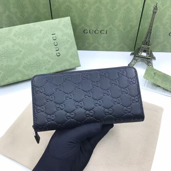 GUCCI グッチ シグネチャーシリーズ メンズ GG エンボスレザー ラウンドファスナー長財布 ブラック