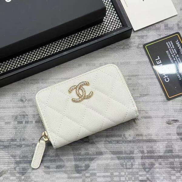シャネル ホワイト キャビアスキン マトラッセ ジップ カードケース コインケース ゴールド ダブル C ロゴ