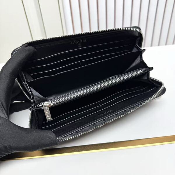 シャネル ブラック マトラッセ ラムスキン 長財布 ジップアラウンド シルバー ダブル C チェーンチャーム