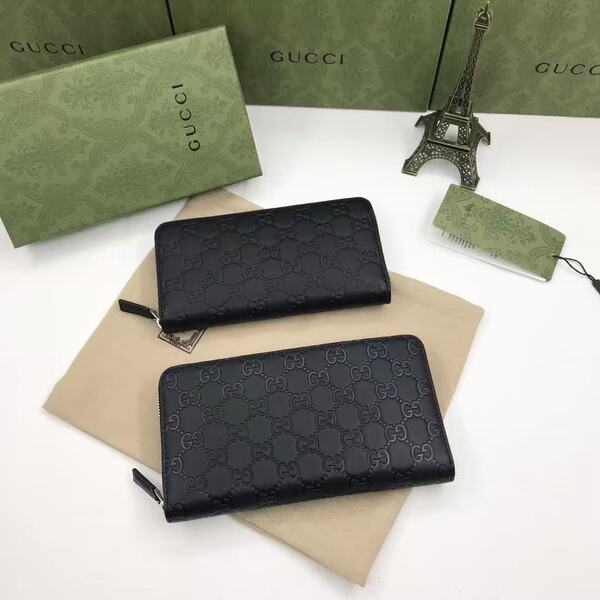 GUCCI グッチ シグネチャーシリーズ メンズ GG エンボスレザー ラウンドファスナー長財布 ブラック