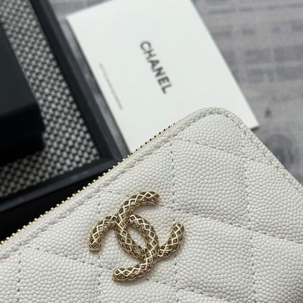 シャネル ホワイト キャビアスキン マトラッセ ジップ カードケース コインケース ゴールド ダブル C ロゴ