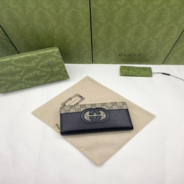 GUCCI GG キャンバス × レザー ラウンドファスナー長財布