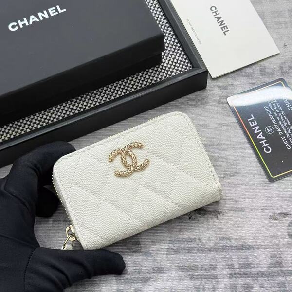 シャネル ホワイト キャビアスキン マトラッセ ジップ カードケース コインケース ゴールド ダブル C ロゴ