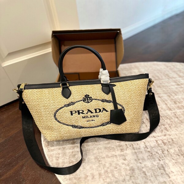 プラダ PRADA ラフィア ロゴプリント トートバッグ 斜め掛け / 手持ち 2WAY