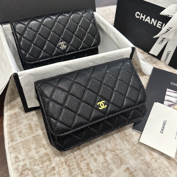 シャネル CHANEL クラシック キルティング キャビアスキン ダブル C ロゴ 長財布 ブラック × ゴールド