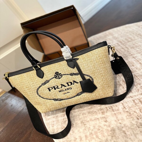 プラダ PRADA ラフィア ロゴプリント トートバッグ 斜め掛け / 手持ち 2WAY