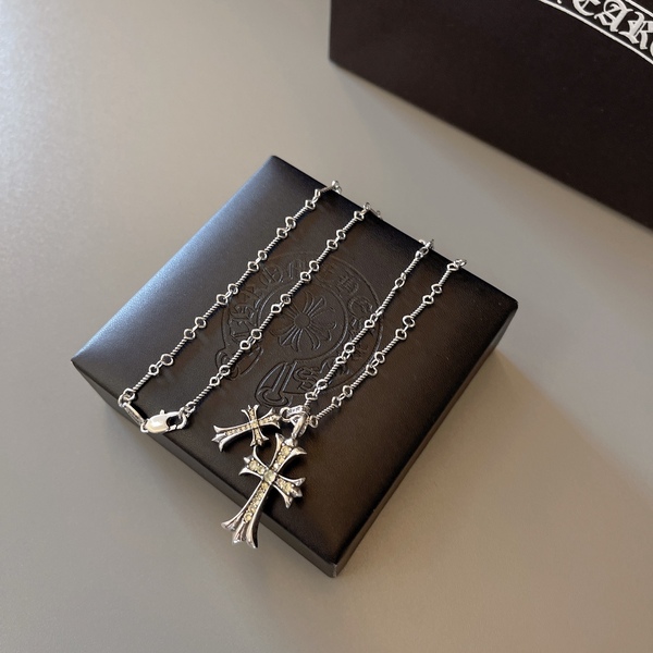 クロムハーツ ダブルクロス パヴェダイヤ 925 シルバー 細身チェーンネックレス