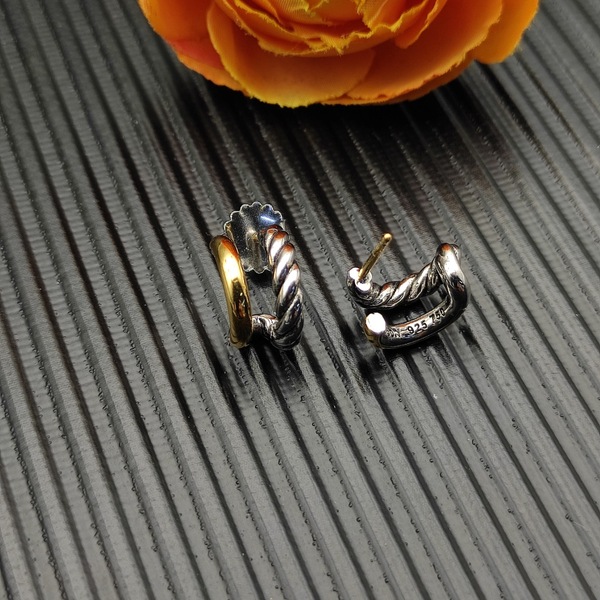 ツートーン ツイストコード ダブルレイヤー C カーブ フープピアス ゴールド × シルバー