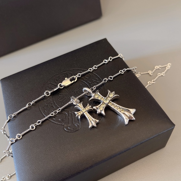 クロムハーツ ダブルクロス パヴェダイヤ 925 シルバー 細身チェーンネックレス
