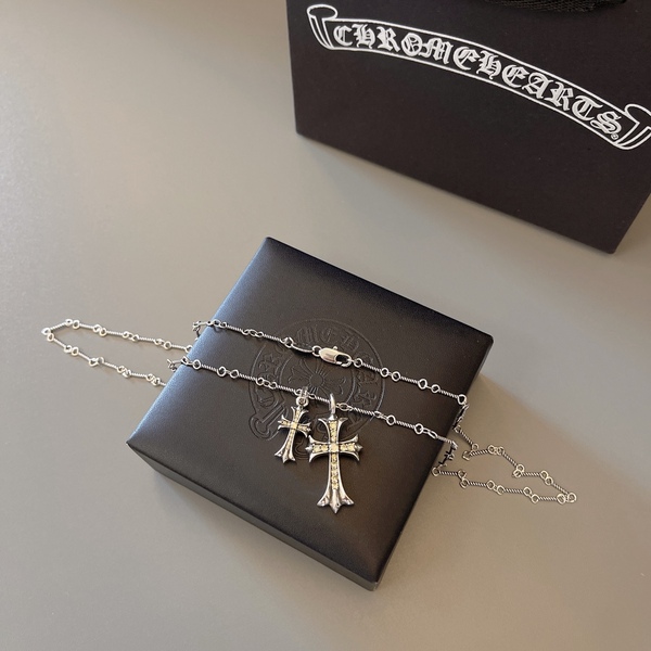 クロムハーツ ダブルクロス パヴェダイヤ 925 シルバー 細身チェーンネックレス