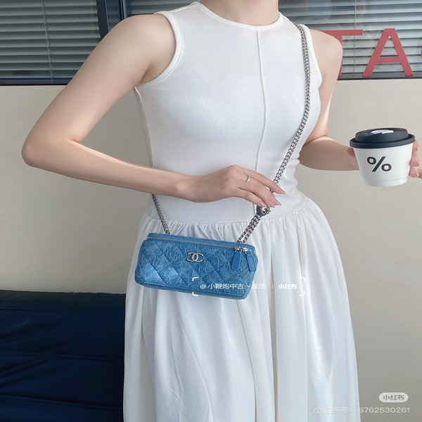 シャネル CHANEL 23P デニム ジャカード ダブル C ハートチェーン バニティバッグ 斜め掛け