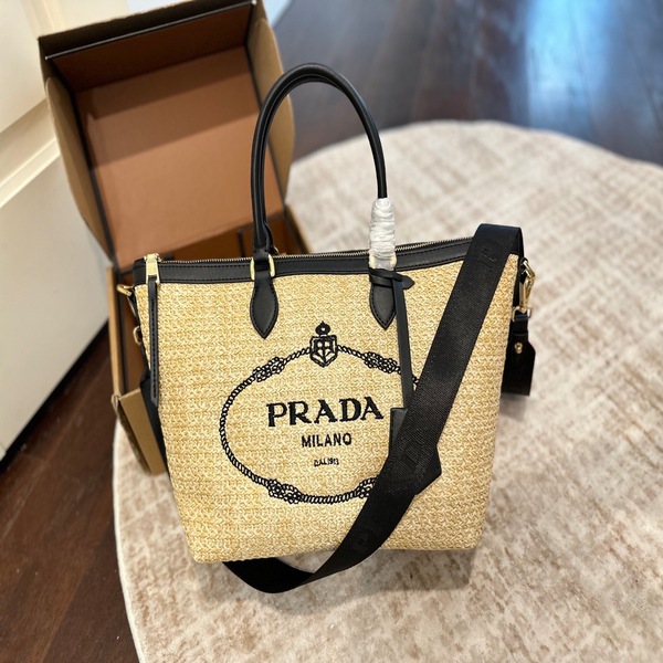 プラダ PRADA ラフィア ロゴプリント トートバッグ 斜め掛け / 手持ち 2WAY