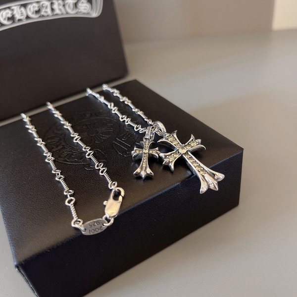 クロムハーツ ダブルクロス パヴェダイヤ 925 シルバー 細身チェーンネックレス