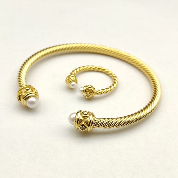 ヴィンテージ ツイストコード パール オープンバングル リングセット ゴールドカラー
