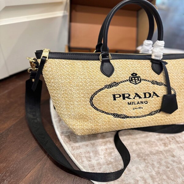 プラダ PRADA ラフィア ロゴプリント トートバッグ 斜め掛け / 手持ち 2WAY