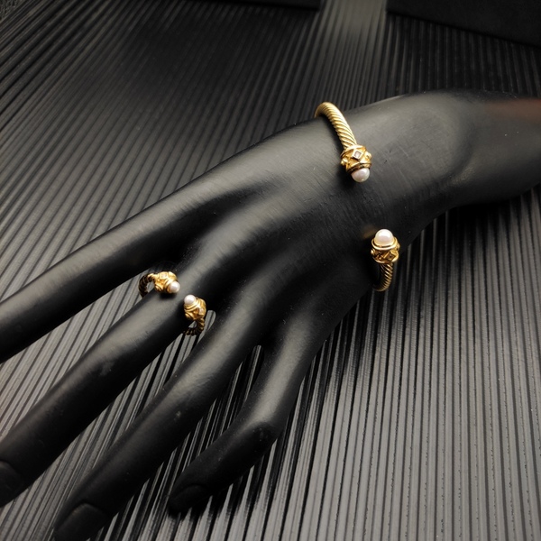 ヴィンテージ ツイストコード パール オープンバングル リングセット ゴールドカラー