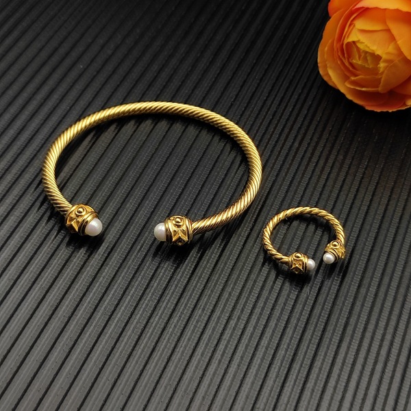 ヴィンテージ ツイストコード パール オープンバングル リングセット ゴールドカラー