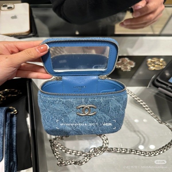 シャネル CHANEL 23P デニム ジャカード ダブル C ハートチェーン バニティバッグ 斜め掛け