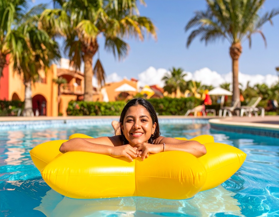 Firefly-A-bright-yellow-inflatable-star-shaped-pool-float-centered-in-a-crystal-clear-blue-s-26337