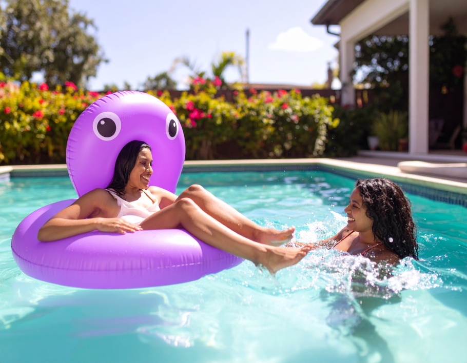 Firefly-Two-friends-floating-on-a-purple-octopus-shaped-inflatable-pool-ring-in-a-bright-back-315619