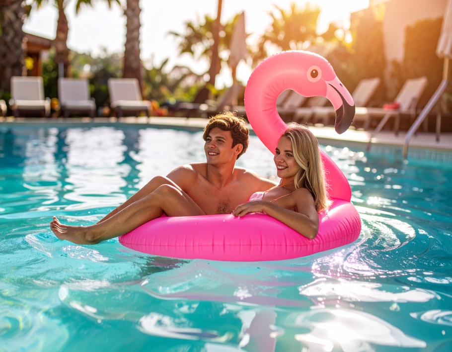Firefly-Two-young-adults-floating-on-a-small-bright-pink-inflatable-flamingo-float-with-long-77779