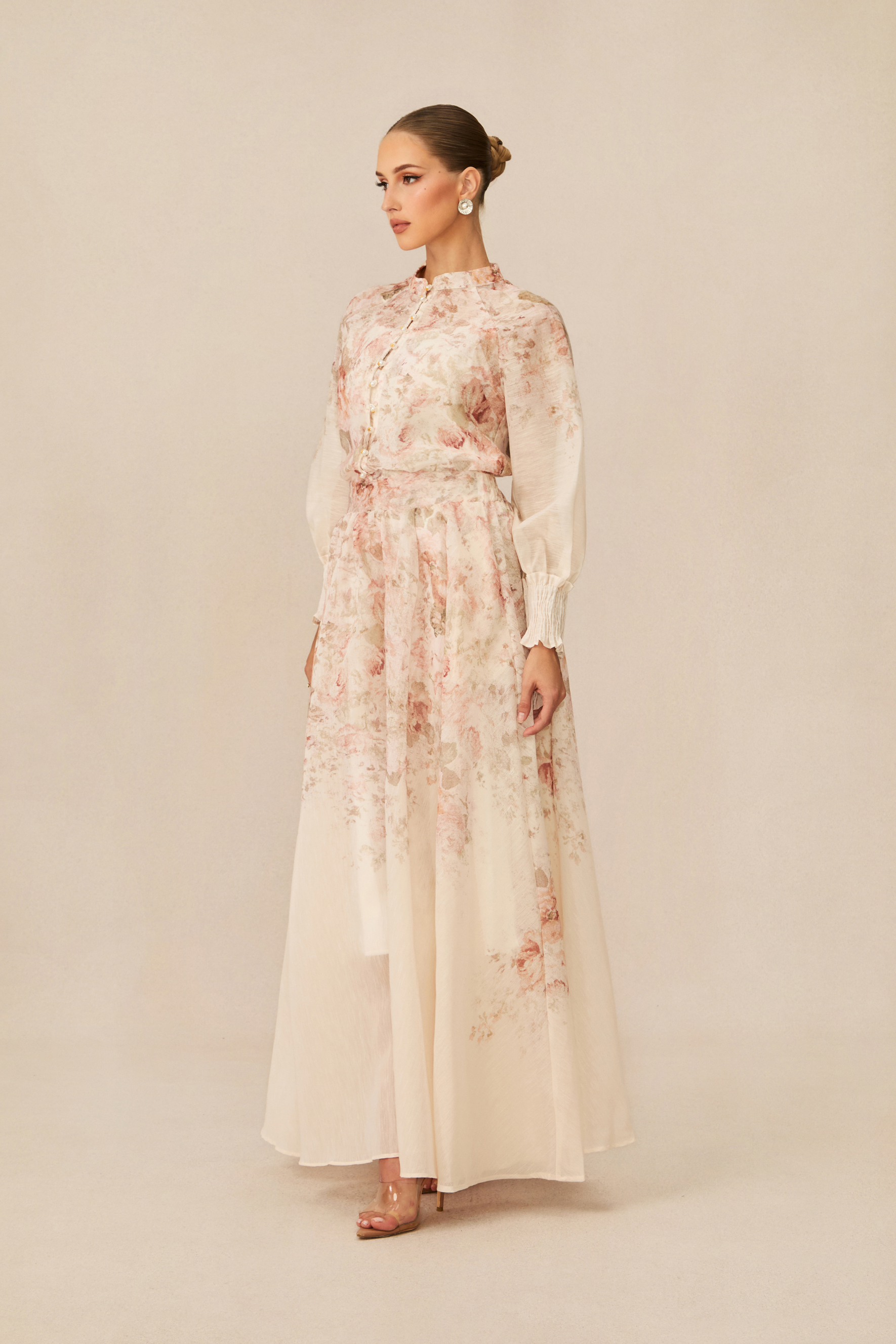 Elegant Floral High Neck Lantern Sleeve Maxi Set