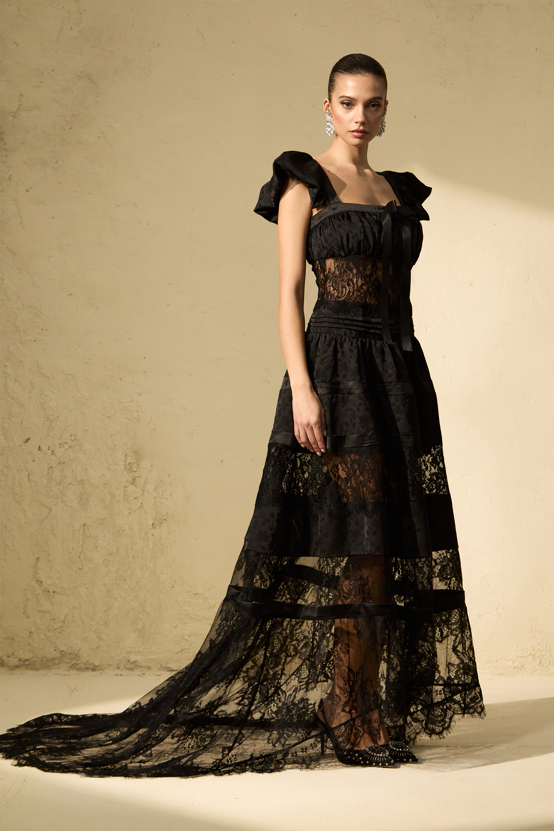 Gothic Black Lace Tiered Gown