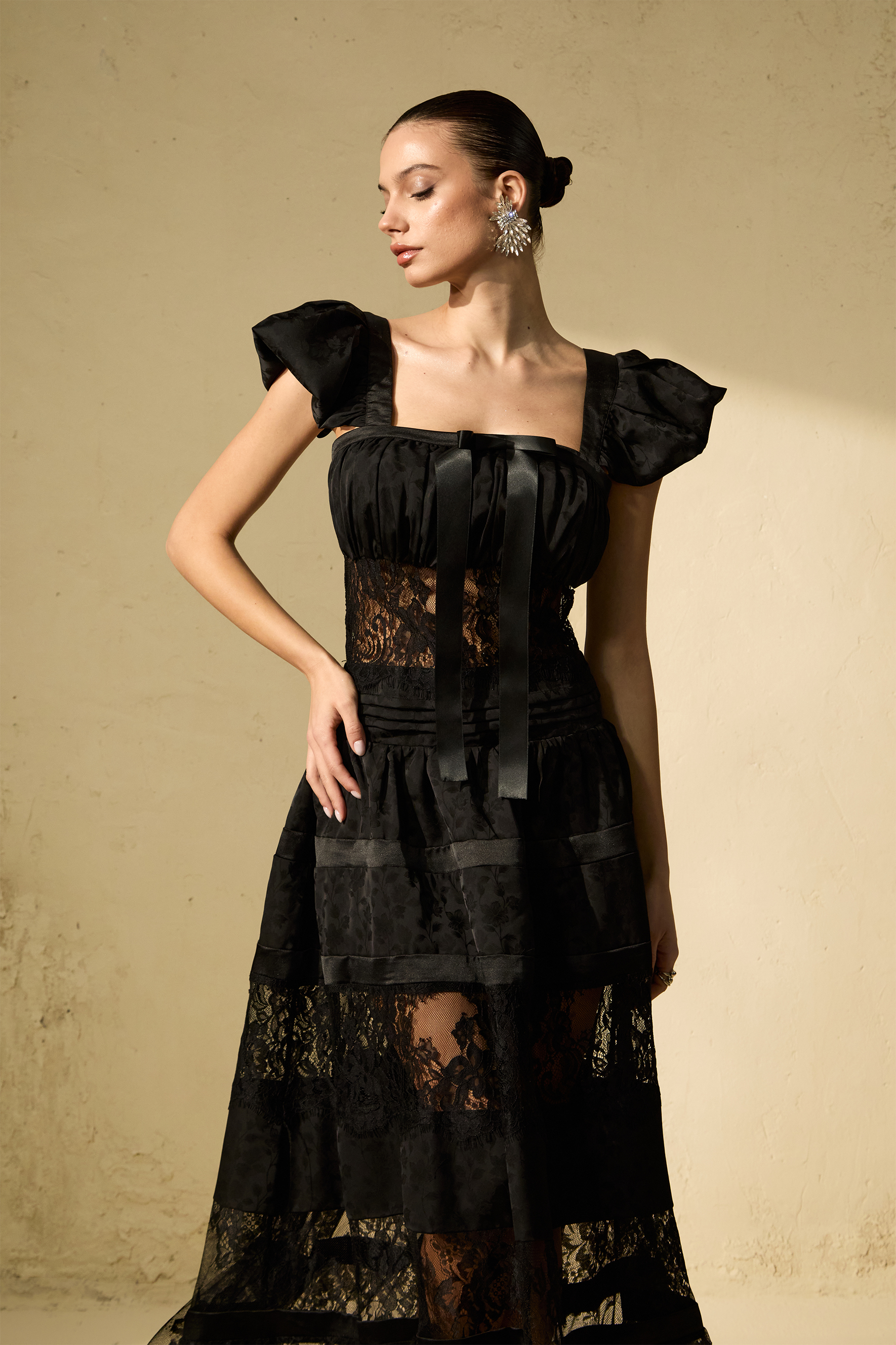 Gothic Black Lace Tiered Gown