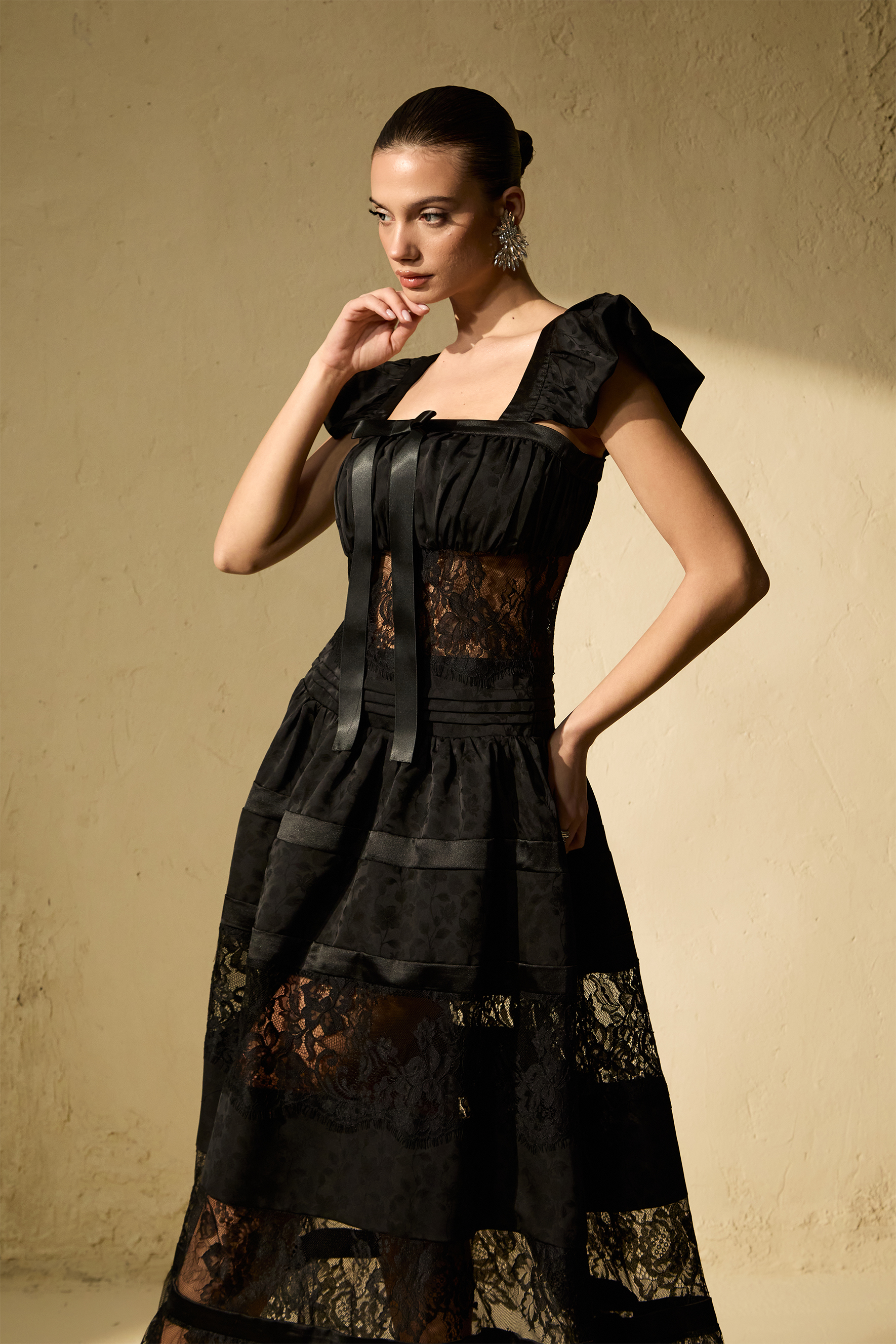 Gothic Black Lace Tiered Gown