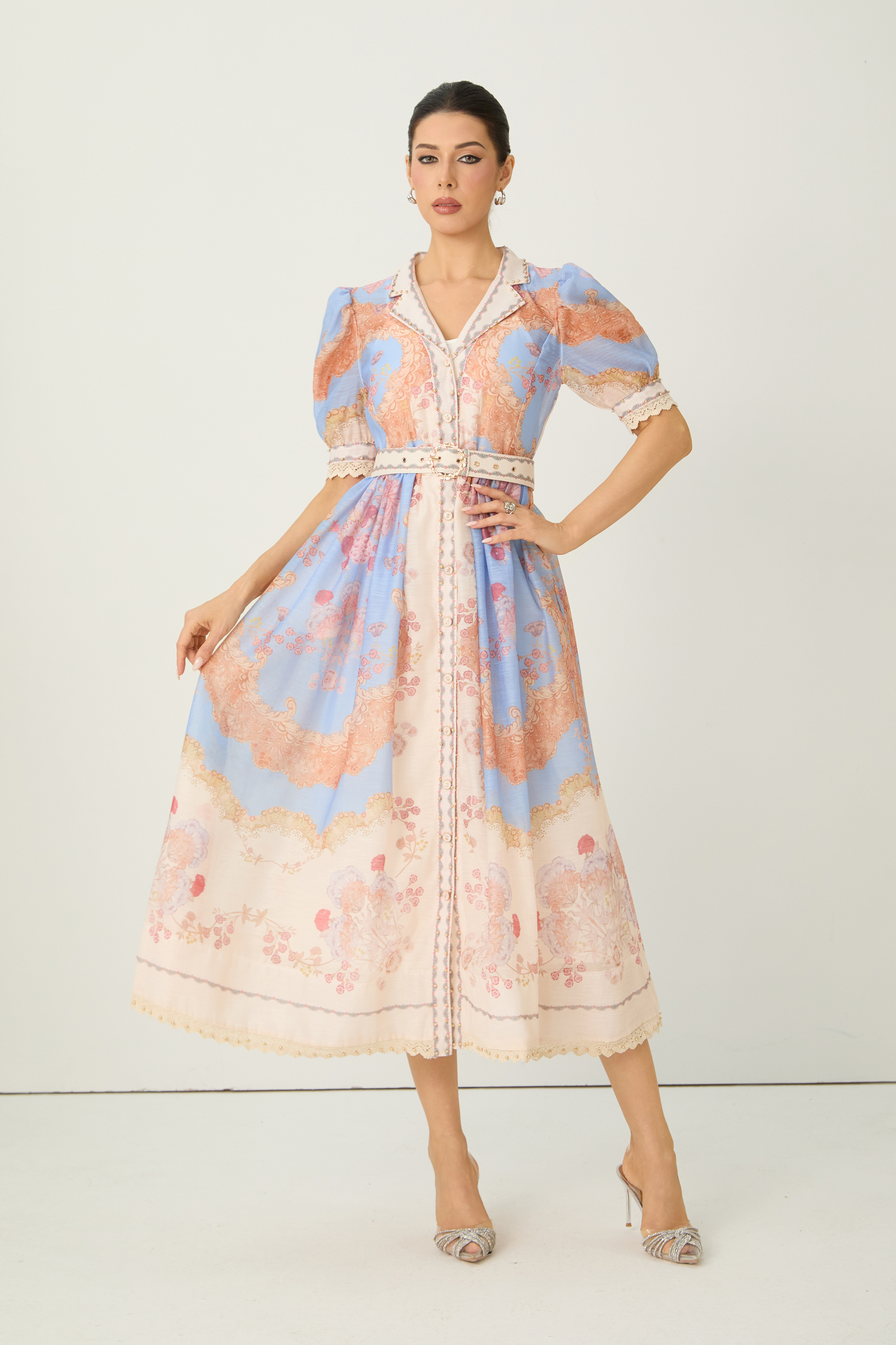 Elegant Baroque Print Belted Midi Dress with Lace Trim