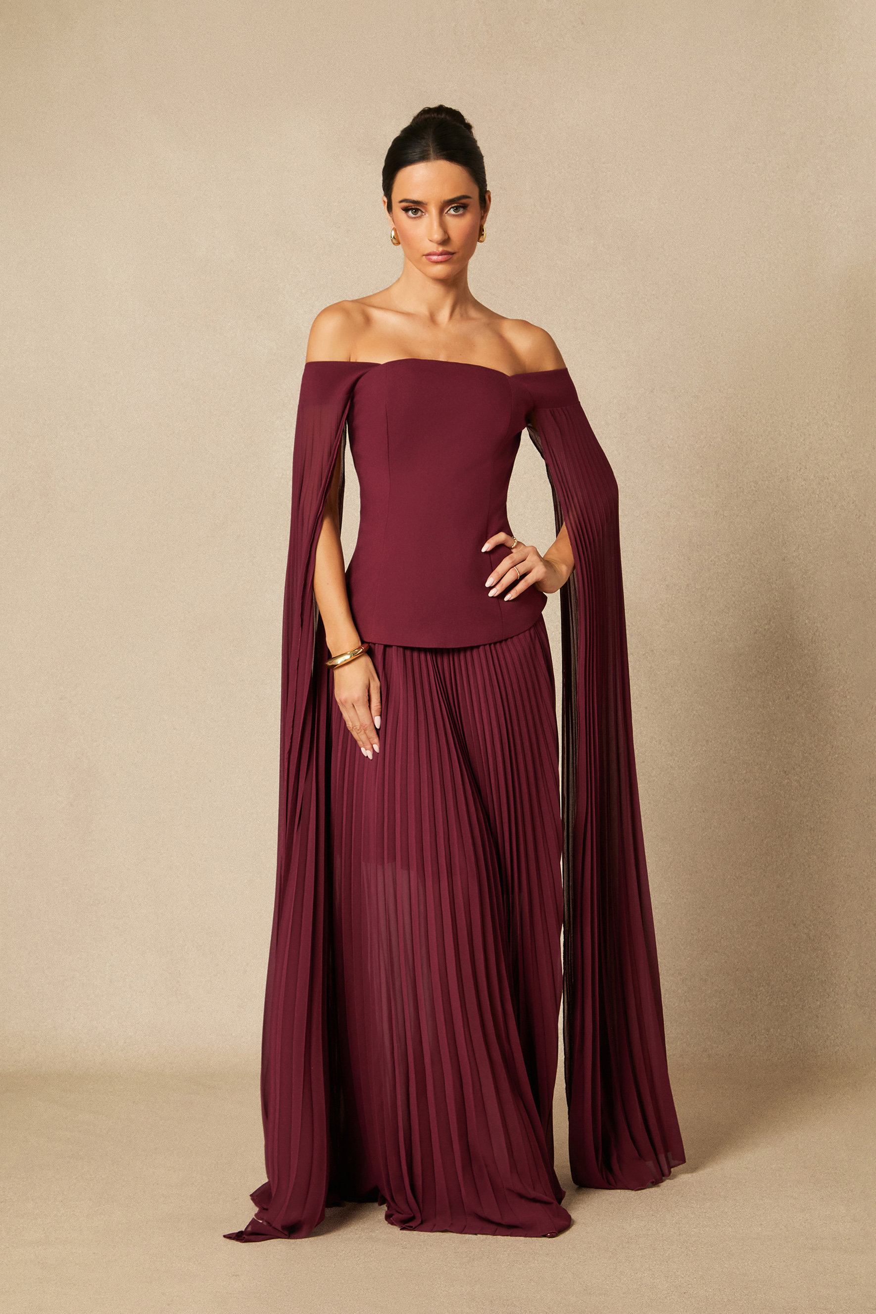 Elegant Burgundy Off-Shoulder Pleated Two-Piece Set