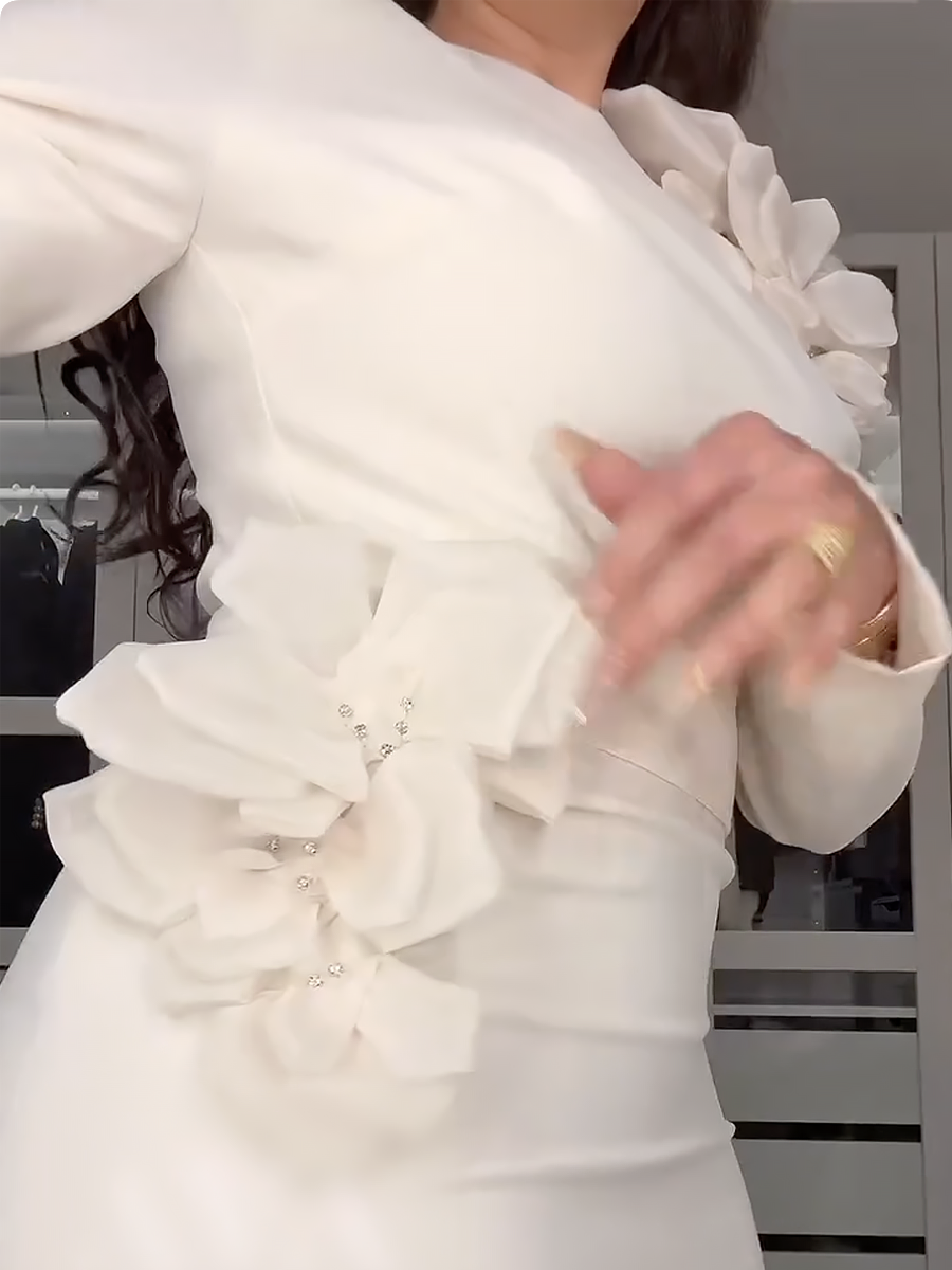 Two-piece set: white floral blouse with a round neck and a long skirt