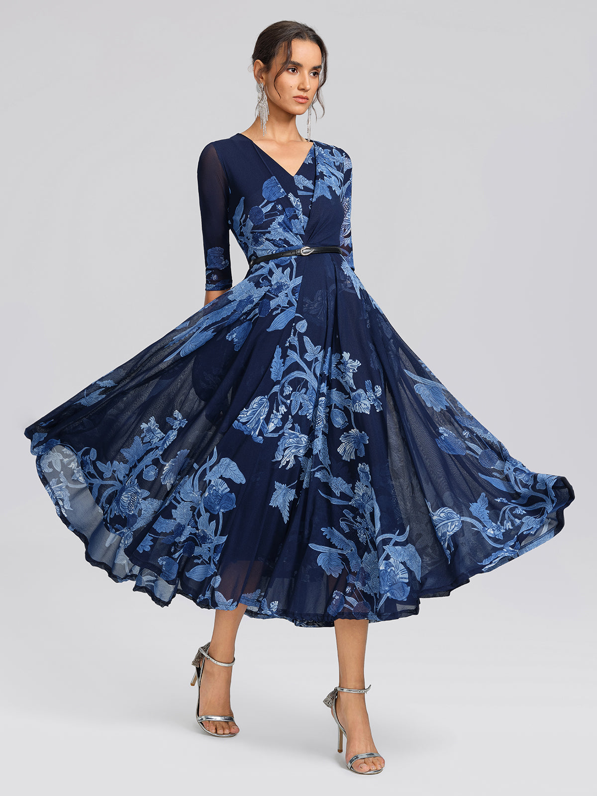 Elegant Navy Floral V-Neck Mesh Sleeve Midi Dress