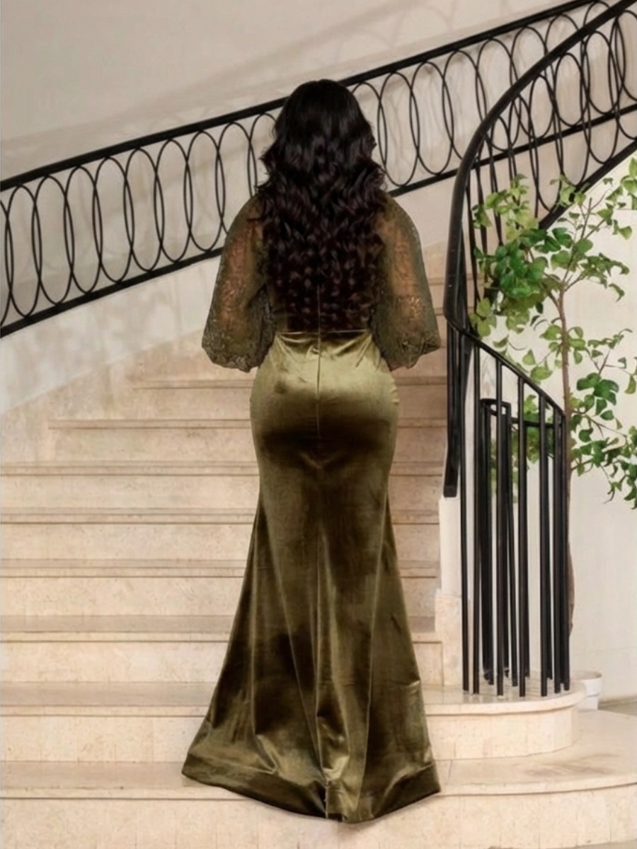 Velvet maxi dress with puff sleeves and rhinestone embellishments in olive green lace