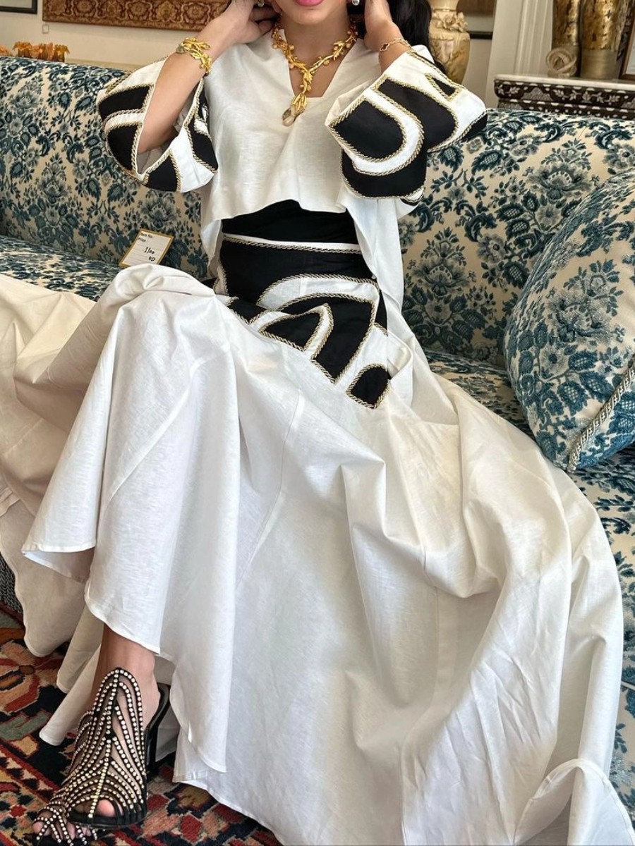 Black and white linen skirt and skirt set with embroidery