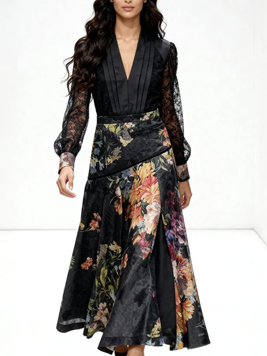 Black printed dress with lace sleeves and a V-neck